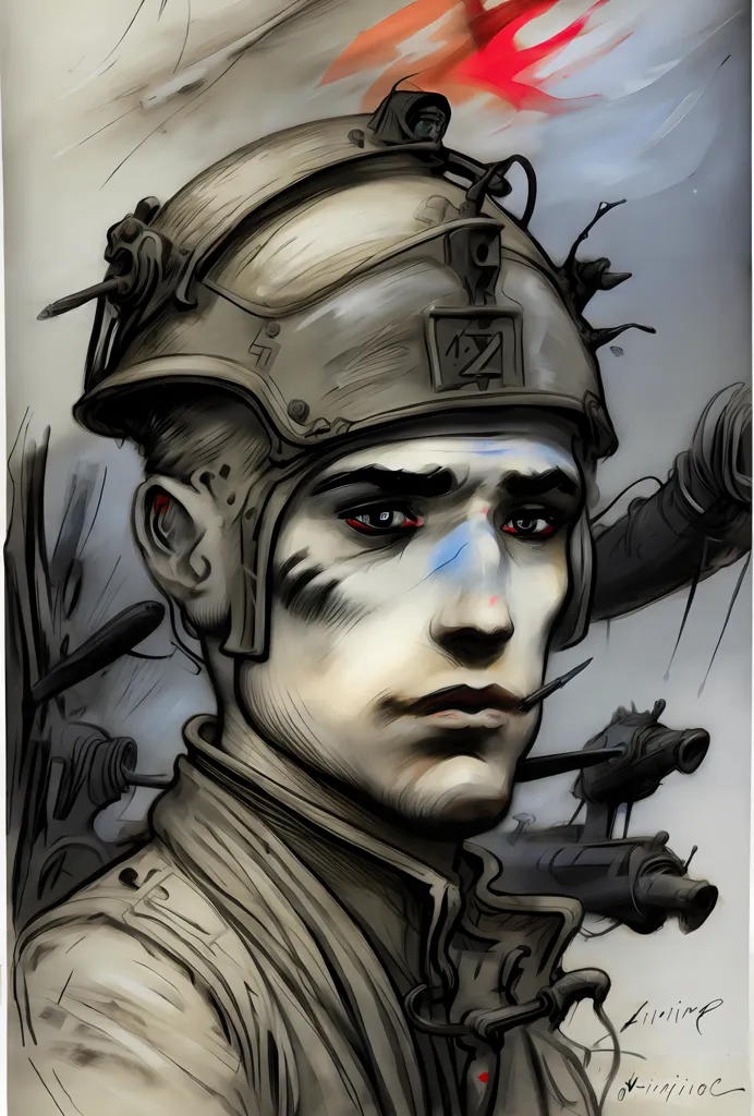 L'image est un portrait d'un soldat portant un casque. Le visage du soldat est peint de rayures bleues et rouges. Il y a des tubes et des fils attachés à son casque. Il porte un uniforme militaire. L'arrière-plan est un gris abstrait.