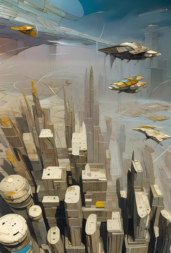 The image shows a futuristic city with tall buildings and flying cars. The city is built on a planet with a blue sky and white clouds. The buildings are made of metal and glass and have a variety of shapes and sizes. The flying cars are yellow and have a sleek design. The city is very busy and there is a lot of activity.