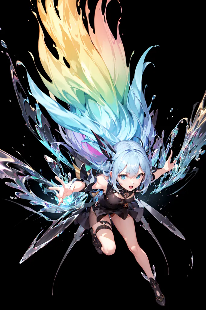 The image is of an anime-style girl with long blue hair and yellow-orange gradient at the tips of her hair. She is wearing a black dress with a white collar and a pair of black boots. She is also wearing a pair of black gloves. She is surrounded by blue water-like wings made of shattered glass. She has a determined expression on her face and it looks like she is ready to fight.