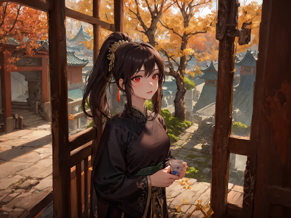 The image is a painting of a young woman in a traditional Chinese dress standing in a doorway. She has long black hair and red eyes, and is wearing a black and gold dress with a white sash. The doorway is made of wood and has a lattice design, and there are trees and buildings in the background. The painting is done in a realistic style, and the colors are vibrant and lifelike.