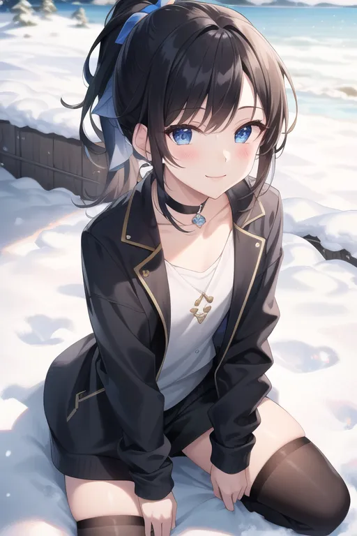 La imagen muestra a una chica de anime con el cabello negro largo y ojos azules. Lleva una chaqueta negra, una camisa blanca y medias negras. Está sentada sobre la nieve y sonriendo. Tiene un lazo azul en el cabello.