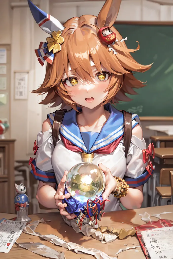 The image shows an anime-style girl with brown hair and yellow eyes. She is wearing a white and blue sailor-style school uniform with a red ribbon and a yellow flower in her hair. She is also wearing a brown bag and there are some papers and a small figure on the table. The girl is holding a glass ball in her hands and looking at it with a surprised expression on her face. The background of the image is a classroom with empty wooden desks and chairs.