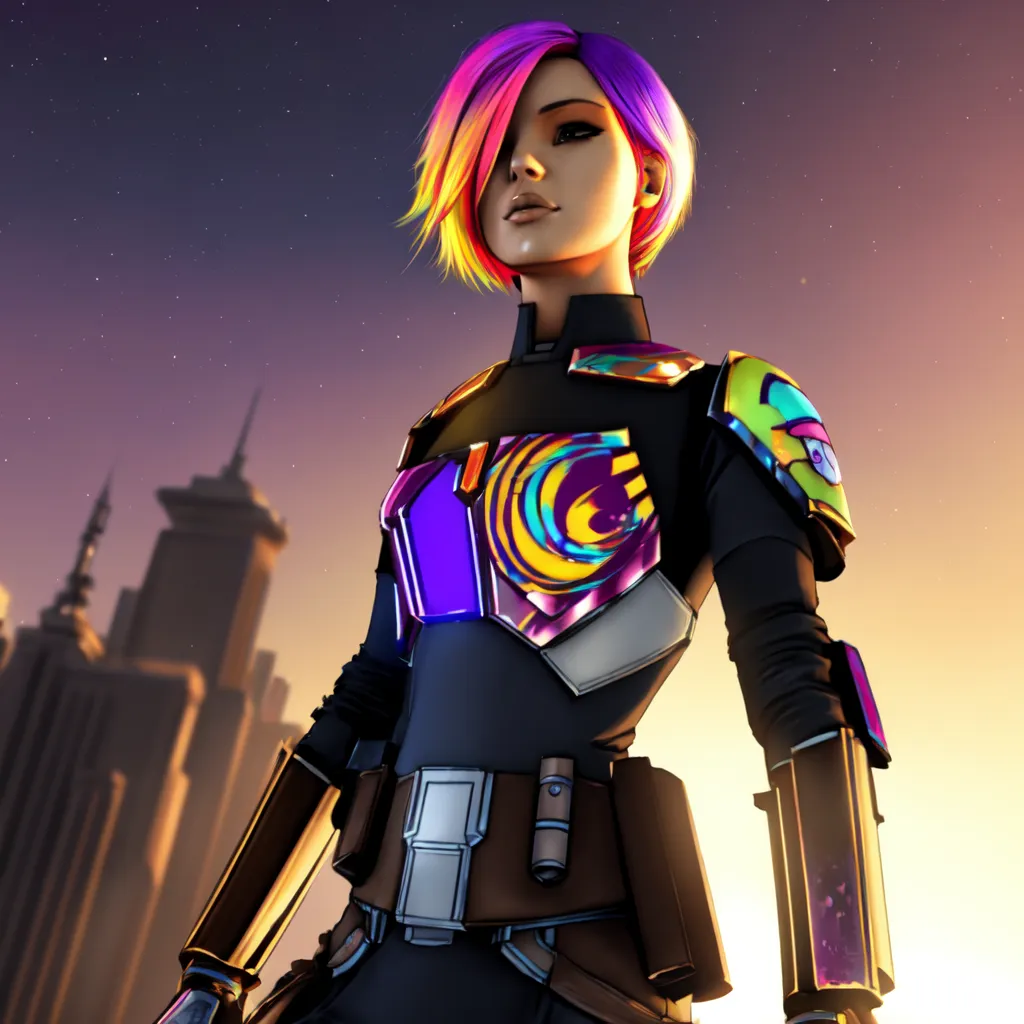 This is an image of a woman wearing a futuristic outfit. She has short pink hair and blue eyes. She is wearing a black vest with rainbow-colored markings and a black shirt underneath. She is also wearing a brown belt with a silver buckle and a brown holster on her right hip. She has a silver bracelet on her right wrist and a black glove on her left hand. She is standing in front of a city skyline with a setting sun in the background.