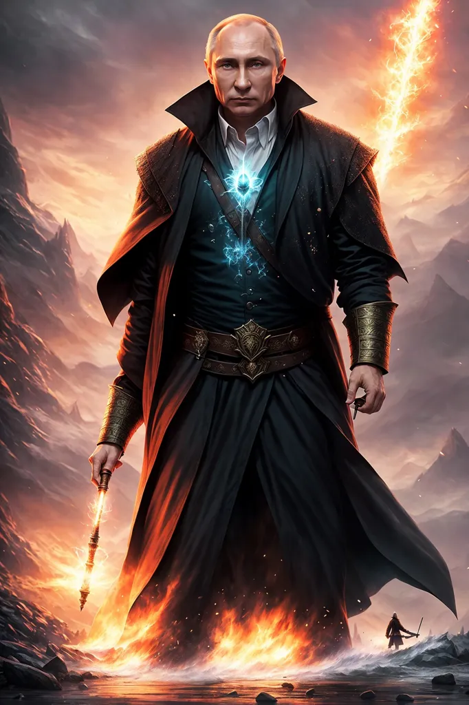 The image shows a man dressed in a black coat with a white shirt and blue vest. He is holding a staff in his right hand and there is a bright light in his left hand. He is standing in front of a mountainous landscape with a dark sky. There is a figure in the foreground, who is much smaller than the man, and is holding a sword.