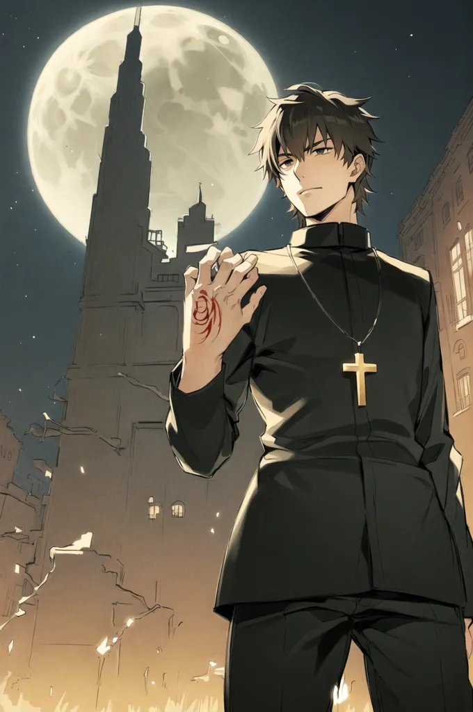 The image is of a young man standing in front of a ruined city. The moon is full and there are stars in the sky. The man is wearing a black suit and a white shirt with a cross around his neck. He has short black hair and red eyes. He is holding his left hand up with his palm facing the viewer. There is a red symbol on his palm. The city is in ruins and there are no people visible.