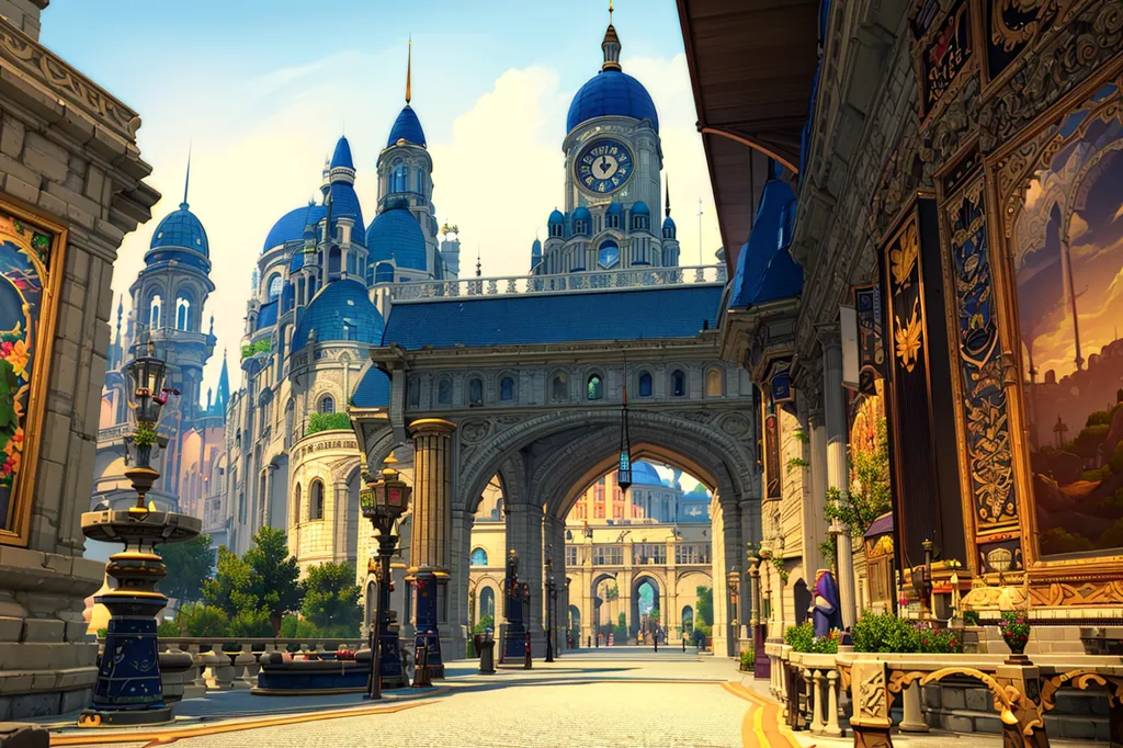 The image is a fantasy city street with a clock tower. The street is lined with tall buildings, many of which have blue roofs. There are a few people walking around, and there are some trees and plants growing in pots. The clock tower is in the background, and it has a large blue clock face. The sky is blue, and there are some clouds in the distance.