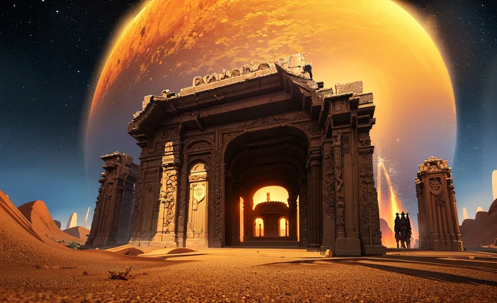 The image is of a large, ancient-looking archway or gate. It is made of stone and is covered in intricate carvings. The archway is flanked by two large columns, and there are two smaller columns on either side of the archway. There is a large, glowing moon in the background and two suns in the sky. The ground in front of the archway is covered in sand. There are two small figures standing in front of the archway.