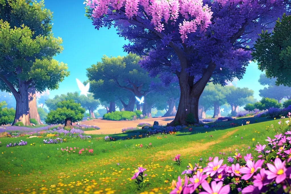 The image is a beautiful landscape of a forest. The trees are tall and lush, and the leaves are a vibrant green. The ground is covered in flowers of all different colors. There is a path that leads through the forest, and there are two butterflies flying in the foreground. The background of the image is a clear blue sky. The image is very peaceful and serene, and it evokes a sense of wonder and tranquility.