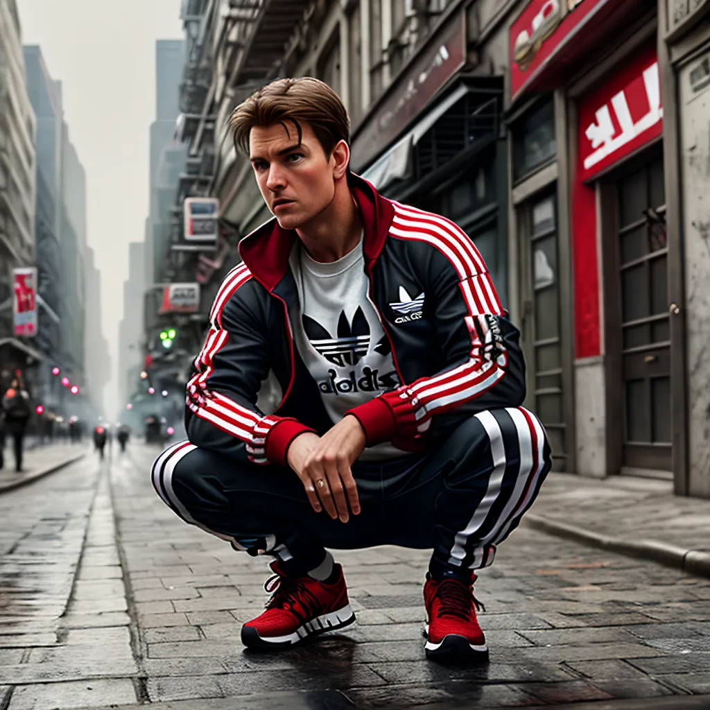 Esta es una imagen de un hombre agachado en la acera en un entorno urbano. Lleva un chándal negro y rojo de Adidas con rayas blancas en las mangas y zapatillas blancas de Adidas. Tiene una camiseta blanca debajo de la chaqueta del chándal. El hombre tiene el pelo castaño y los ojos verdes. Mira a la cámara con una expresión neutra. Hay personas borrosas caminando en el fondo.
