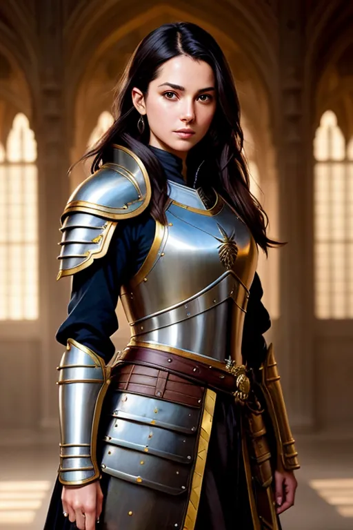 The image shows a young woman in her early 20s. She has long, dark brown hair flowing down her shoulders and light brown eyes. She is wearing a suit of silver and gold armor that covers her chest, arms, and legs. The armor has intricate designs etched into it, and there is a lion's head design in the center of the chest plate. She is also wearing a brown belt with a gold buckle and a gold necklace with a pendant in the shape of a lion. She is standing in a confident pose, with her feet shoulder-width apart and her hands resting on her hips. She has a determined expression on her face, and it is clear that she is ready for battle.