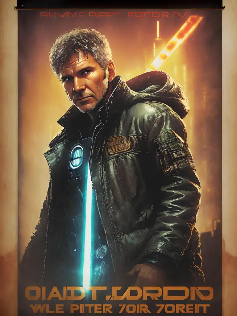 This is an image of Harrison Ford in a poster for the movie Blade Runner. He is wearing a brown leather jacket and a blue shirt. He has a gun in his hand and a futuristic city in the background. The poster is in a retro style, reminiscent of the original Blade Runner movie poster.