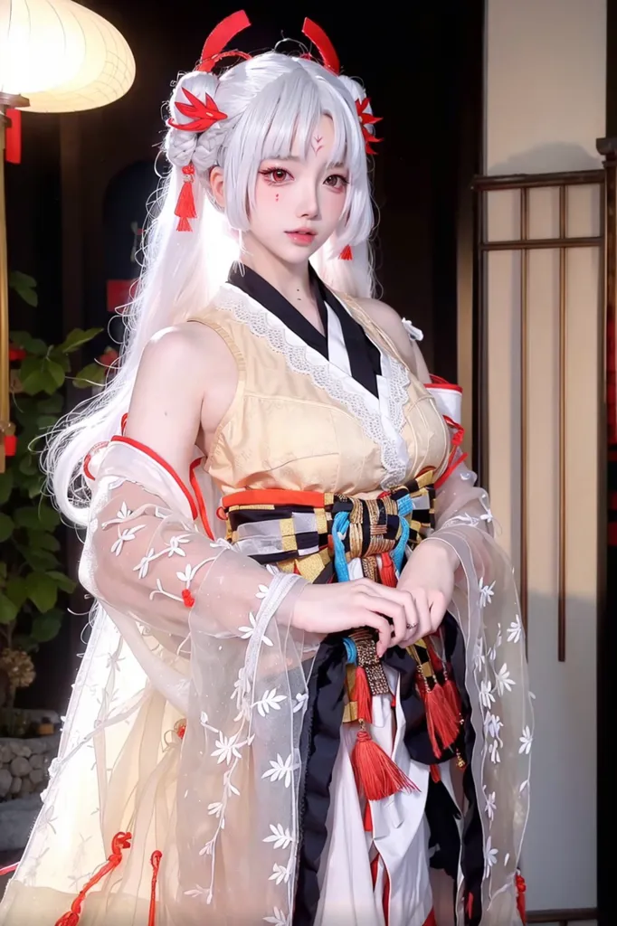 A imagem mostra uma jovem mulher em um quimono branco e vermelho com cabelos longos e brancos e olhos vermelhos. Ela está em pé em uma sala tradicional japonesa com um lampião de papel ao fundo. A mulher usa um quimono branco sem mangas com uma faixa obi vermelha e branca amarrada na cintura. O quimono tem um padrão floral e um colar vermelho. O cabelo da mulher é longo e branco, e ela usa um adereço de cabeça vermelho e branco. Ela também está usando maquiagem vermelha e branca. A mulher está em uma pose graciosa e parece que está prestes a realizar uma dança.