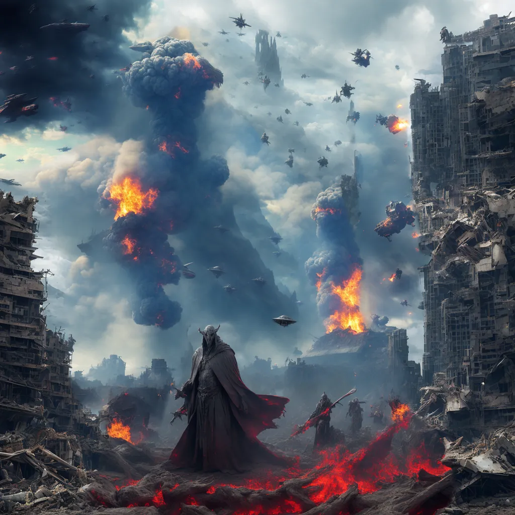 The image shows a ruined city with large buildings and skyscrapers. There are explosions and fires everywhere. The sky is filled with smoke and dark clouds. There are flying machines in the sky and a large spaceship in the background. There are four people in the foreground. They are all wearing dark clothes and carrying weapons. There is a large demon in the center of the image. It is also wearing a dark cloak and has a skull for a head. It is holding a large sword.