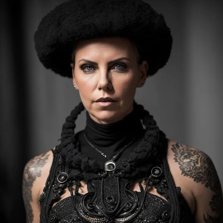 The image is a portrait of Charlize Theron. She is wearing a black hat, a black turtleneck, and a black necklace. Her hair is styled in an afro. She has tattoos on her arms and her face is painted with dark eyeshadow and lipstick. Her expression is serious and intense. The background is a dark grey.