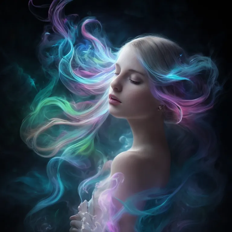 The image is a portrait of a beautiful woman with long, flowing hair. The woman's eyes are closed and she has a serene expression on her face. Her hair is a rainbow of colors, with shades of blue, green, pink, and purple. The hair is also very long and it flows around her body like a scarf. The woman is wearing a white dress and she has a small smile on her face. The background of the image is dark and it looks like the woman is standing in a forest. There is a light shining down on the woman and it makes her hair look even more colorful. The image is very beautiful and it has a dreamlike quality to it.