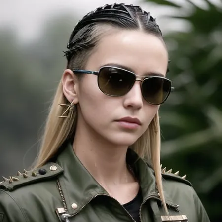 The image shows a young woman, with an undercut hairstyle and the rest of her hair styled into two buns on top of her head. She is wearing brown aviator sunglasses and a green jacket with metal studs on the shoulders. She has a small hoop earring in her right ear and a larger earring in her left ear that resembles the letter \