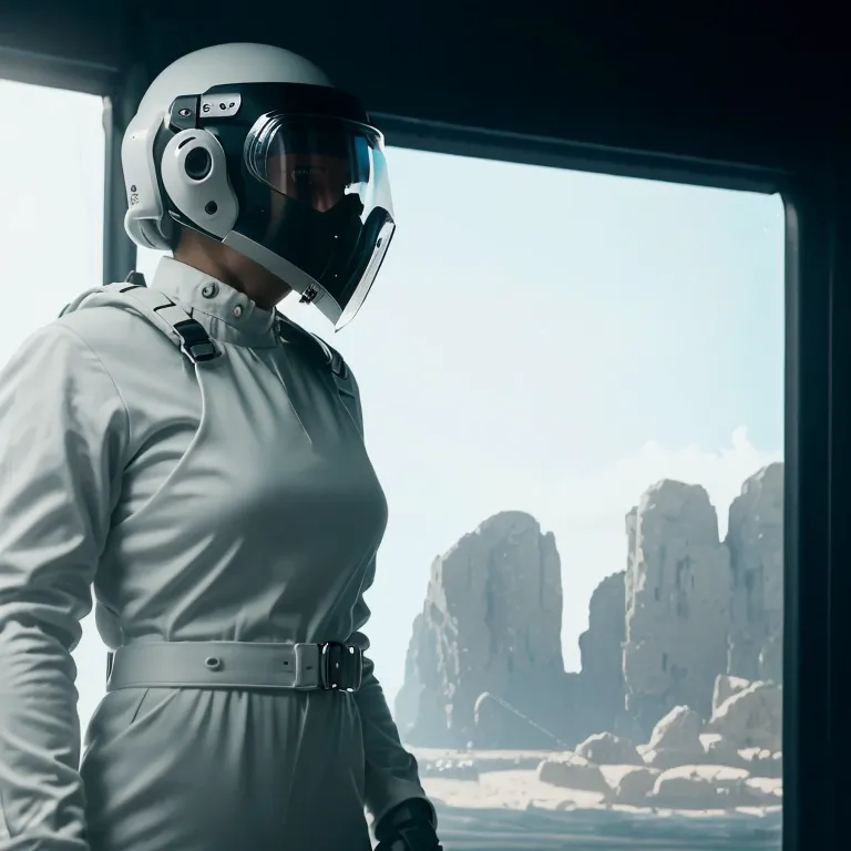 L'image montre une femme dans une combinaison spatiale futuriste avec un casque à bulle transparente debout dans un vaisseau spatial ou une station spatiale, regardant par une fenêtre un paysage extraterrestre avec de grandes formations rocheuses à l'horizon.