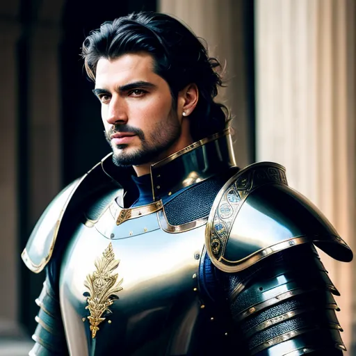 The image shows a young man with long, dark hair and a beard. He is wearing a suit of armor that is decorated with gold and silver. The armor has intricate designs on it. The man's hair is styled in a way that is popular in the Renaissance period. He has a serious expression on his face.