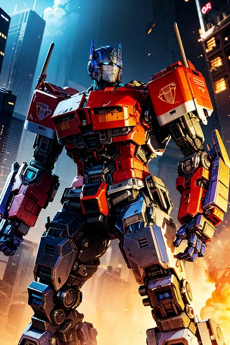 Optimus Prime, the leader of the Autobots, is a giant robot with a red and blue body. He is standing in a city, surrounded by tall buildings. There are flames on the ground. The sky is dark and there are clouds in the sky.