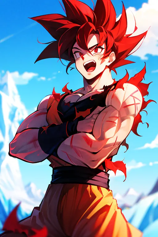 A imagem é de Goku, um personagem da série Dragon Ball. Ele está de pé com os braços cruzados e seu cabelo é vermelho. Ele está usando um gi laranja esfarrapado com uma camisa azul por baixo. O fundo é um céu azul com nuvens brancas.