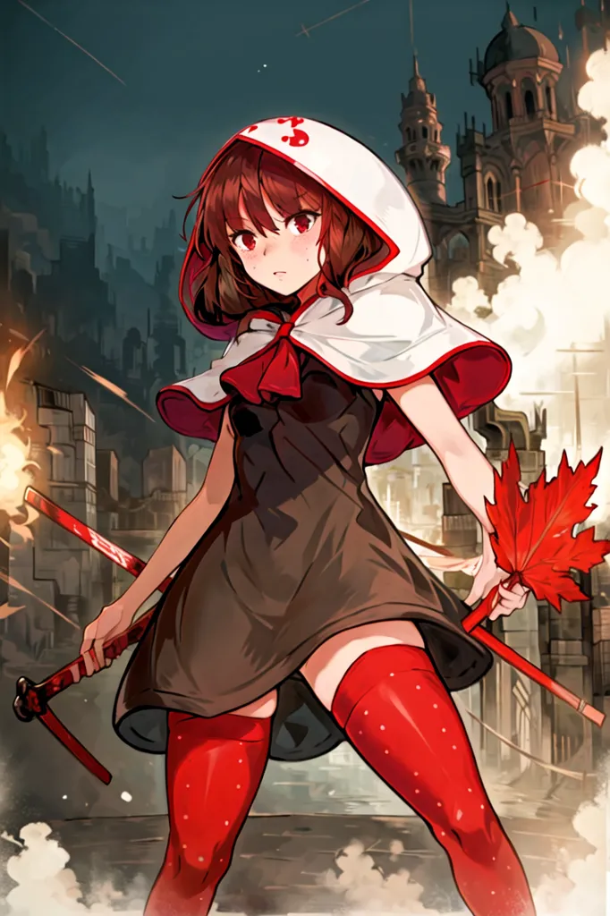 This image is of a young woman with long brown hair and red eyes. She is wearing a white and red hooded cloak and a brown dress. She is also wearing red stockings and boots. She is holding a red leaf in her right hand and a sword in her left hand. She is standing in a ruined city. There are buildings and towers in the background. The sky is dark and there are clouds in the sky.