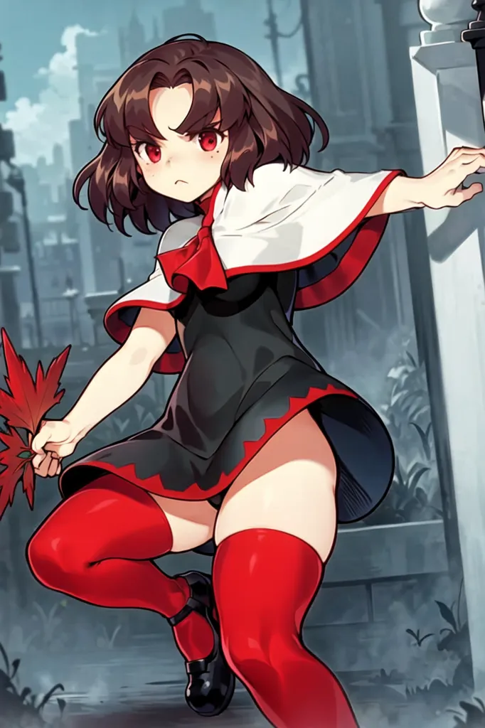 The image is of a young girl with brown hair and red eyes. She is wearing a black dress with a white cape and red stockings. She is holding a red leaf in her right hand and has a determined expression on her face. She is standing in a dark, shadowy environment with a building in the background.