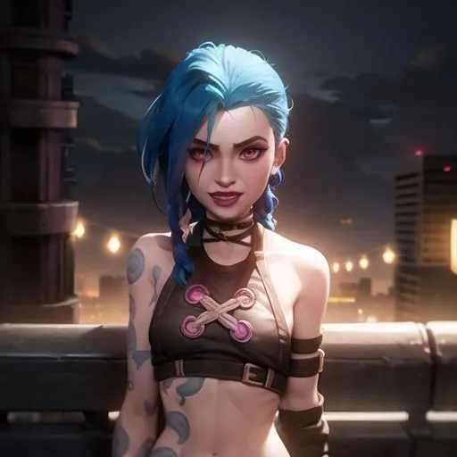 The image shows a young woman with blue hair and pink eyes. She is wearing a black crop top and a pair of black pants. She has a confident smile on her face and is standing in a relaxed pose. The background is a blurred cityscape at night.