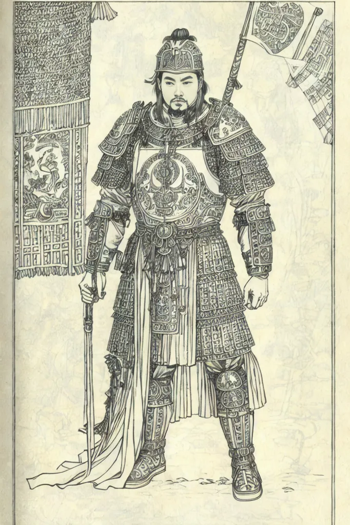 L'image est un dessin d'un guerrier chinois de la dynastie Han. Il porte un casque, une armure et un vêtement ressemblant à une jupe. Il porte également une lance et un drapeau. L'image est dessinée dans un style réaliste et offre une vue détaillée de la tenue et de l'équipement du guerrier.