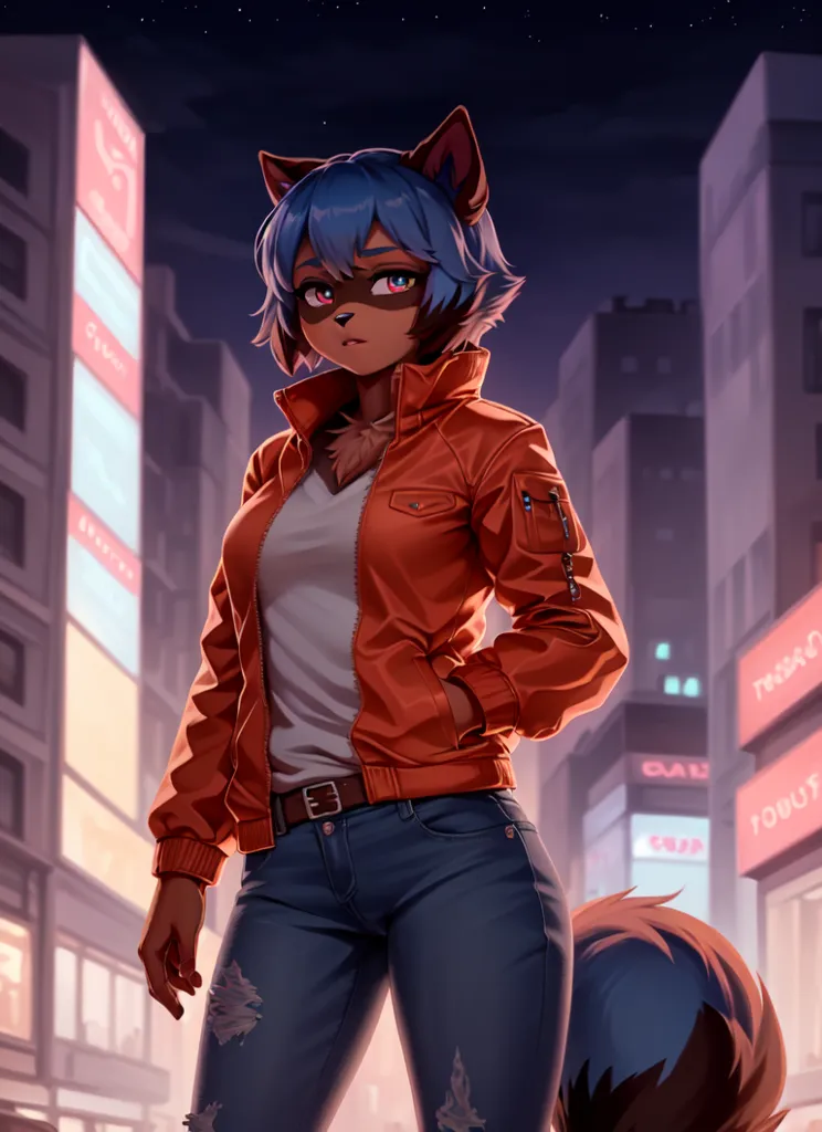 Esta é uma imagem de uma jovem mulher com cabelo azul e orelhas de gato. Ela está usando uma camisa branca, um casaco vermelho e jeans azuis. Ela está em pé em uma cidade à noite, e há edifícios e luzes ao fundo. A mulher olha para o espectador com uma expressão séria no rosto.