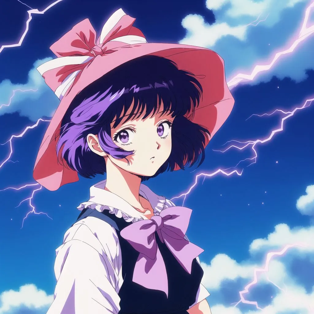 A young girl with purple hair and purple eyes is wearing a pink hat and a white dress with a purple bow. She is standing in front of a blue sky with white clouds and lightning. The girl's expression is serious.