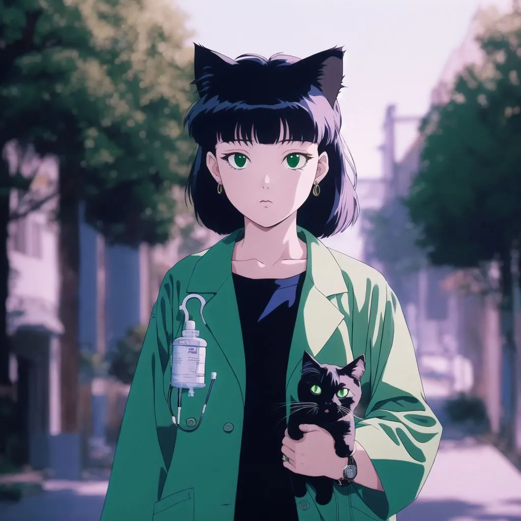 The image is of a young woman with cat ears standing in a city street. She is wearing a green coat and a black shirt. She has a black cat in her arms. The background is blurred, but it looks like there are trees and buildings in the distance. The woman has an IV bag attached to her arm. She looks sad.