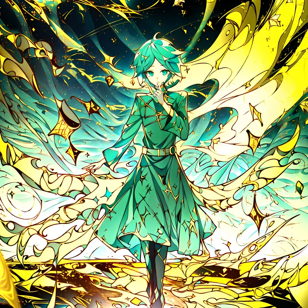 A imagem é de um personagem de estilo anime com cabelos e olhos verdes. Eles estão usando um traje verde e dourado com uma saia longa e um casaco. Eles estão em um vazio escuro com um fundo estrelado. Há também várias linhas e formas amarelas brilhantes ao redor deles. O personagem olha para o espectador com uma expressão séria.