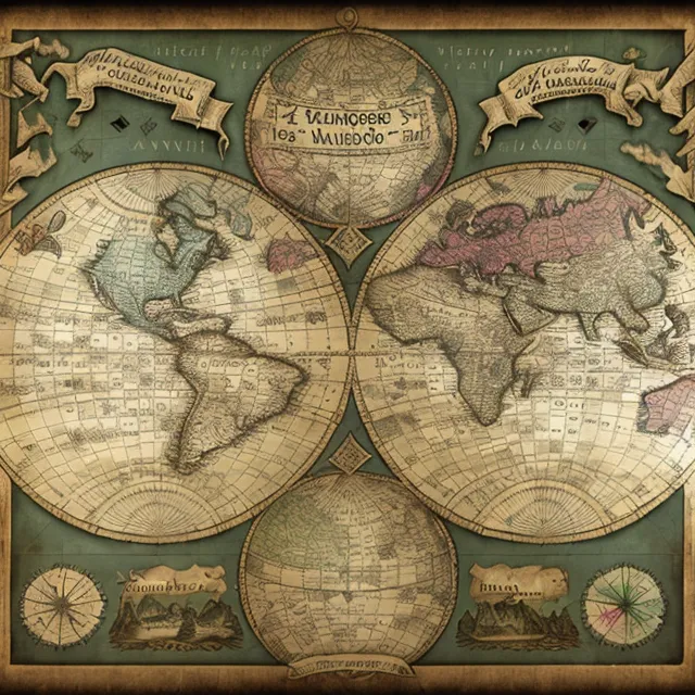 The image is an old world map. It is a Mercator projection, which means that the lines of latitude are parallel and the lines of longitude are curved. The map is oriented with north at the top.

The map is surrounded by a decorative border. The border is made up of four sections. The top section has two banners. The left banner has a Latin inscription that reads \