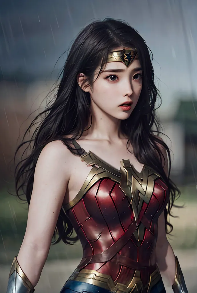 The picture shows a young woman with long black hair and brown eyes. She is wearing a red and gold Wonder Woman costume with a blue skirt. She is standing in a field with a determined expression on her face.