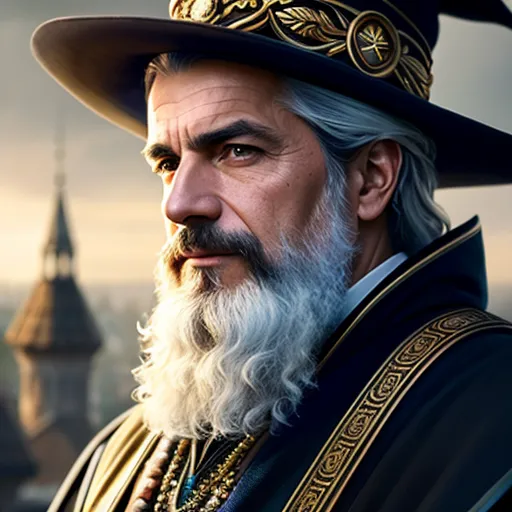 The image shows a portrait of a male wizard. He is wearing a black hat with a wide brim and a gold band decorated with filigree and a green stone in the center. He has long white hair and a long white beard. His eyes are dark brown. He is wearing a black robe with gold trim. He has a gold chain around his neck with a large green gem in the center. He is standing in front of a stone building.