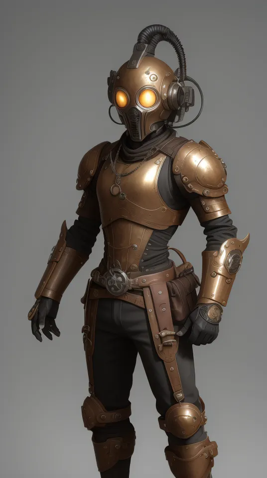 La imagen muestra un personaje steampunk que lleva una armadura de color cobre con ropa negra debajo. La armadura consta de un casco con dos lentes naranjas brillantes, una placa de pecho, hombreras, protectores de brazos y protectores de piernas. El personaje también tiene un cinturón con un bolsillo adjunto. Están usando un par de botas negras y tienen un par de gafas de protección en la cabeza. El fondo es de color gris claro.