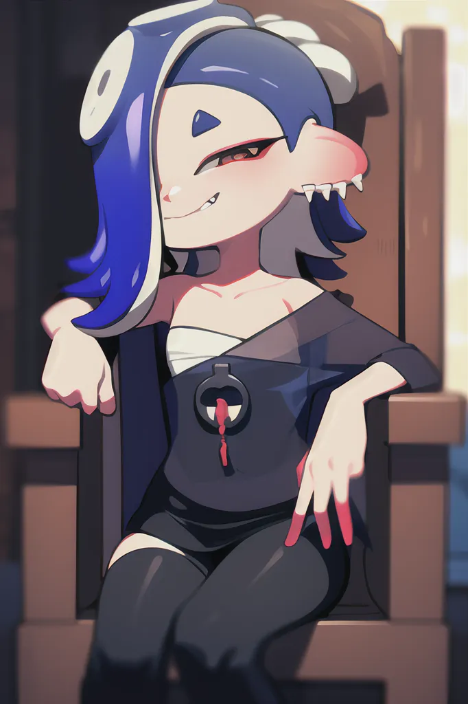 An anime-style drawing of a young woman with blue hair and yellow eyes. She has a mischievous expression on her face and is sitting in a chair with one leg crossed over the other. She is wearing a black and white outfit with a red tie and has a large ring on her neck. She is also wearing black stockings and high heels. In her left hand, she is holding a glass of wine.