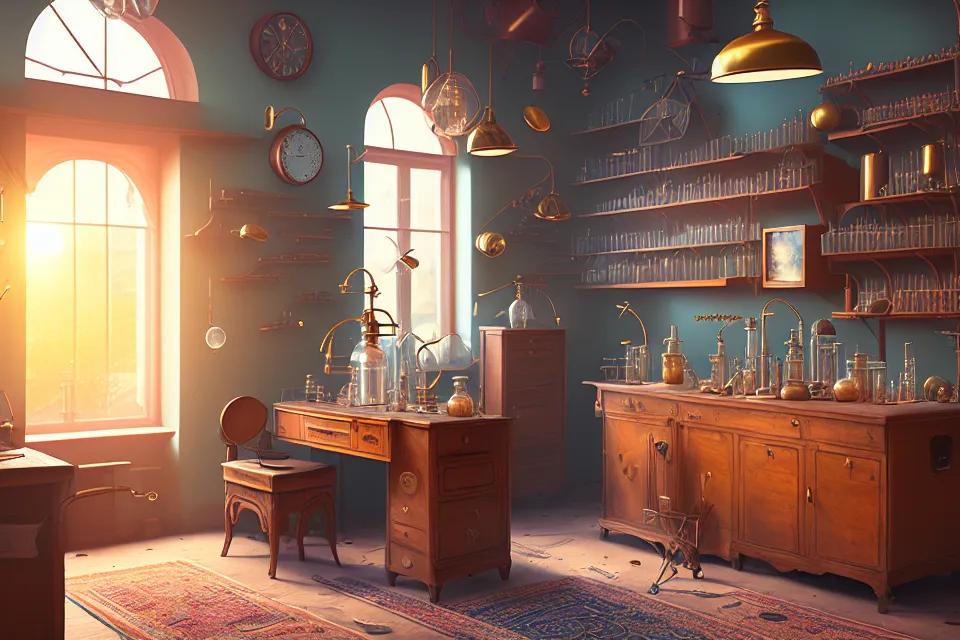 The image shows a room that looks like an alchemist's laboratory. It is full of strange and wonderful objects, including a large wooden desk, a chair, a rug, and a variety of scientific instruments. The room is lit by a large window and there are shelves on the walls filled with books and potions.