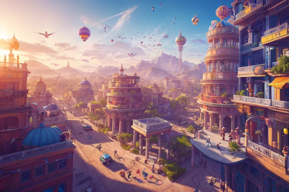 The image is a painting of a city. The city is built in a desert and surrounded by mountains. There are many tall buildings and a lot of people walking around. The people are wearing colorful clothes. There are also some animals walking around, including a camel and a horse. The sky is blue and there are some clouds. The painting is very colorful and bright.