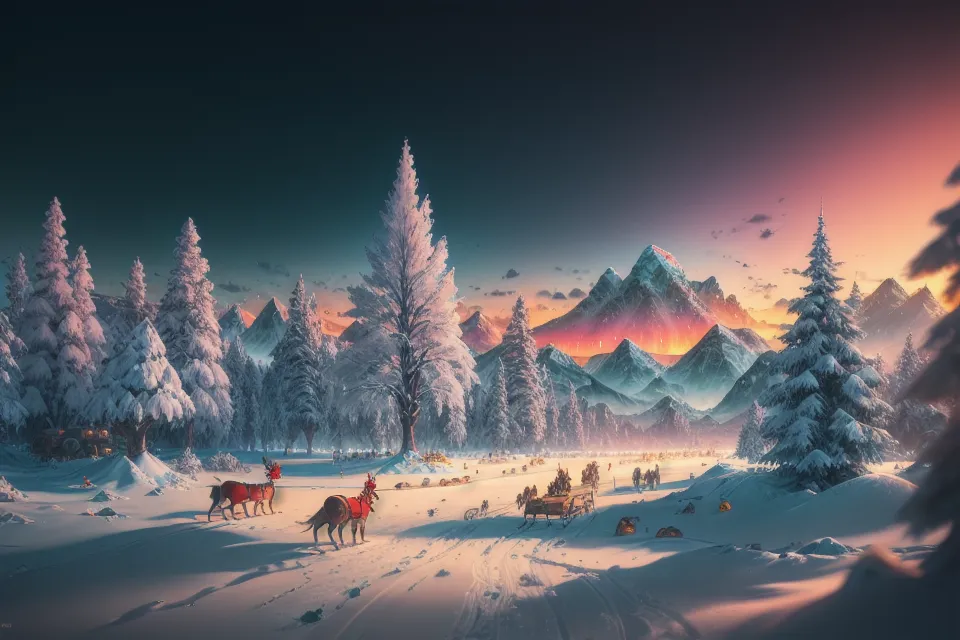 The image shows a winter landscape with snow-covered trees and mountains in the background. There is a group of people traveling through the snow on sleds pulled by horses. The people are wearing warm clothes, and the horses are wearing red and green blankets. The sun is setting behind the mountains, and the sky is a gradient of orange, pink, blue, and purple. The image is peaceful and serene, and it captures the beauty of the winter season.