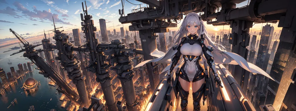 The image is a post-apocalyptic cityscape. The city is in ruins. There are tall buildings, broken bridges, and large cranes. There are no people in the image.

In the foreground, there is a young woman with long white hair. She is wearing a white and gray bodysuit. She is standing on a rooftop, looking out over the city. She has a gun in her hand.

The image is very detailed. The artist has used a lot of different colors and textures to create a realistic and immersive scene. The image is also very atmospheric. The use of dark colors and the lack of people create a sense of foreboding and mystery.