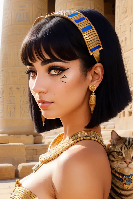 The image shows a young woman with a cat on her shoulder. She is wearing an Egyptian-style headdress and jewelry. The woman has dark hair and brown eyes. She is wearing a blue and gold headband, a gold necklace, and gold earrings. The cat is brown and white. It is wearing a blue collar with a gold pendant. The woman and the cat are standing in front of a large stone structure with hieroglyphs carved into it.