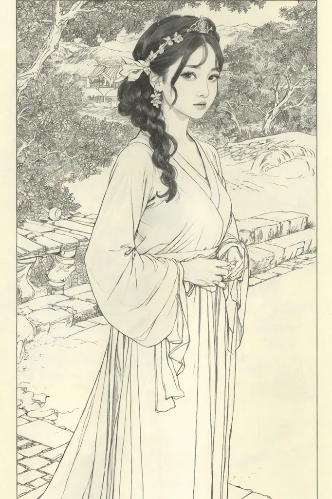 The image is a black-and-white drawing of a Chinese woman in traditional Hanfu clothing. The woman is standing in a garden, with a large tree behind her. She is wearing a long, flowing robe with a high collar, and her hair is done up in an elaborate bun. She is looking at the viewer with a serene expression.