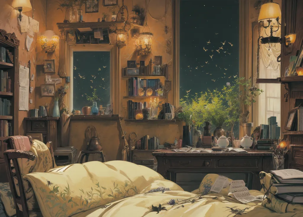 The image is a painting of a bedroom. The room is decorated with a variety of objects, including books, plants, and lamps. The bed is unmade, and there are clothes and papers scattered on the floor. The window is open, and there is a view of the night sky outside. There are two large windows, a desk, a chair, and a few other pieces of furniture in the room. The overall mood of the painting is peaceful and relaxing.