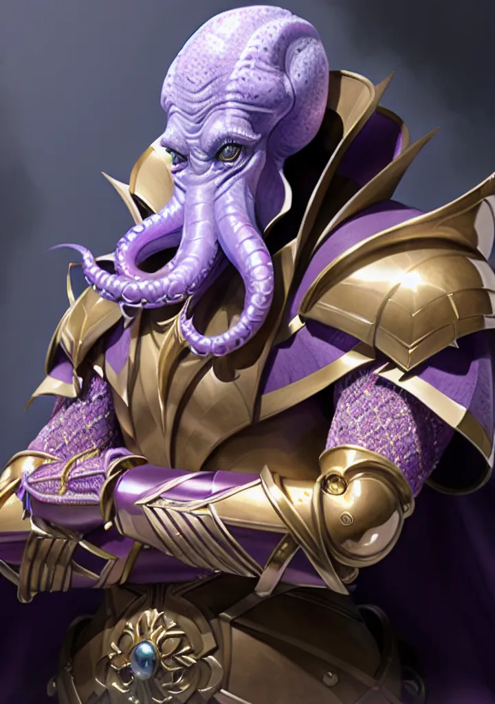 The image shows an octopus-like creature wearing golden armor with purple accents. The creature has its arms crossed in front of its chest and is looking at the viewer with its large, yellow eyes. It has a purple octopus-like head with many tentacles that are hanging down. The creature is wearing a golden helmet with a purple gem in the center. The armor has many intricate details, including scales and spikes. The creature's skin is purple and it has a large mouth with sharp teeth.