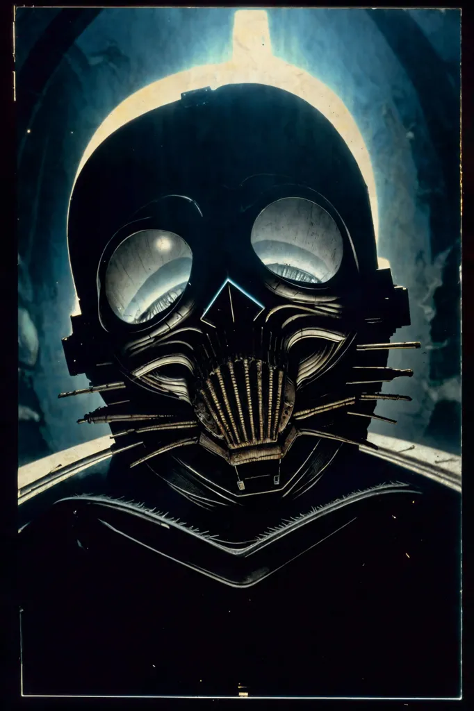 The image is a dark and moody portrait of a cyborg. The cyborg's face is obscured by a mask, but their eyes are visible and they are glowing. The rest of the body is covered in black armor. The background is a dark blue and there is a bright light in the center of the image. The image is very detailed and the cyborg's mask is particularly well-rendered.