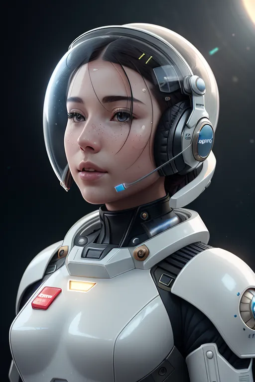 The image is a portrait of a young woman in a spacesuit. The woman has short brown hair and brown eyes. She is wearing a white spacesuit with a clear bubble helmet. The spacesuit has a red button on the left side of the chest. The woman is looking to the right of the frame. The background is dark with a few stars in the distance.