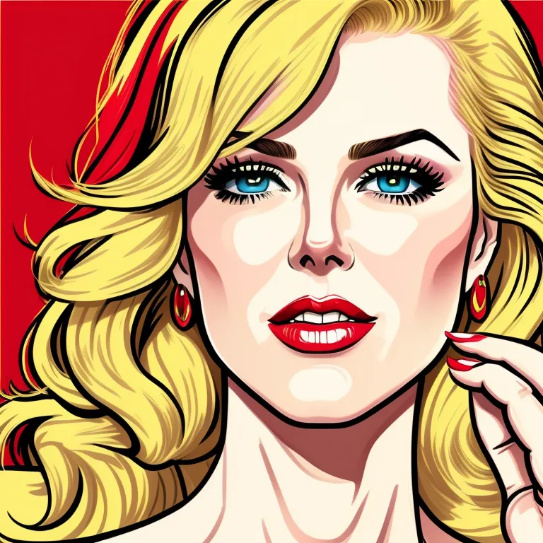 The image is a portrait of a woman with blonde hair, blue eyes, and red lips. She is wearing a red dress and has a confident expression on her face. The background is a solid red color. The image is drawn in a pop art style, and the woman's features are exaggerated.