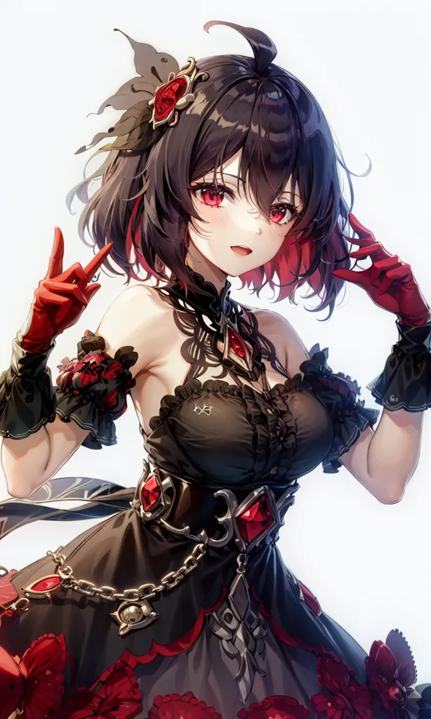 The image is a portrait of a young woman with short black hair and red eyes. She is wearing a black dress with red accents and a red jewel necklace. She is also wearing red gloves and has a rose in her hair. The background is white and there is a small red butterfly on the right side of the image