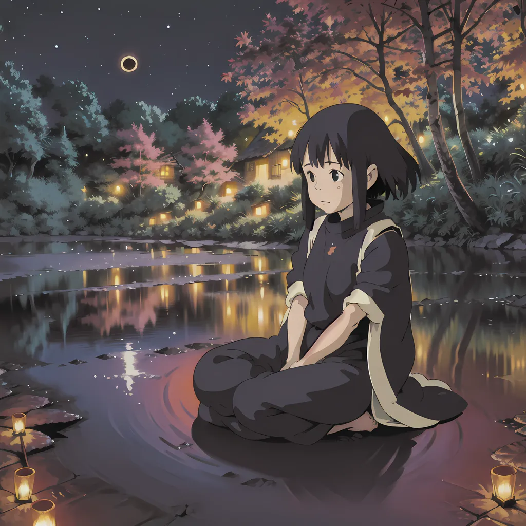 The image is an anime-style drawing of a girl sitting on a rock in a river. The girl is wearing a black kimono with a white sash and has short black hair. She is looking down at the water with a serene expression on her face. The river is surrounded by trees and shrubs, and there are houses in the background. The sky is dark and there are two moons in the sky. The image is peaceful and relaxing.